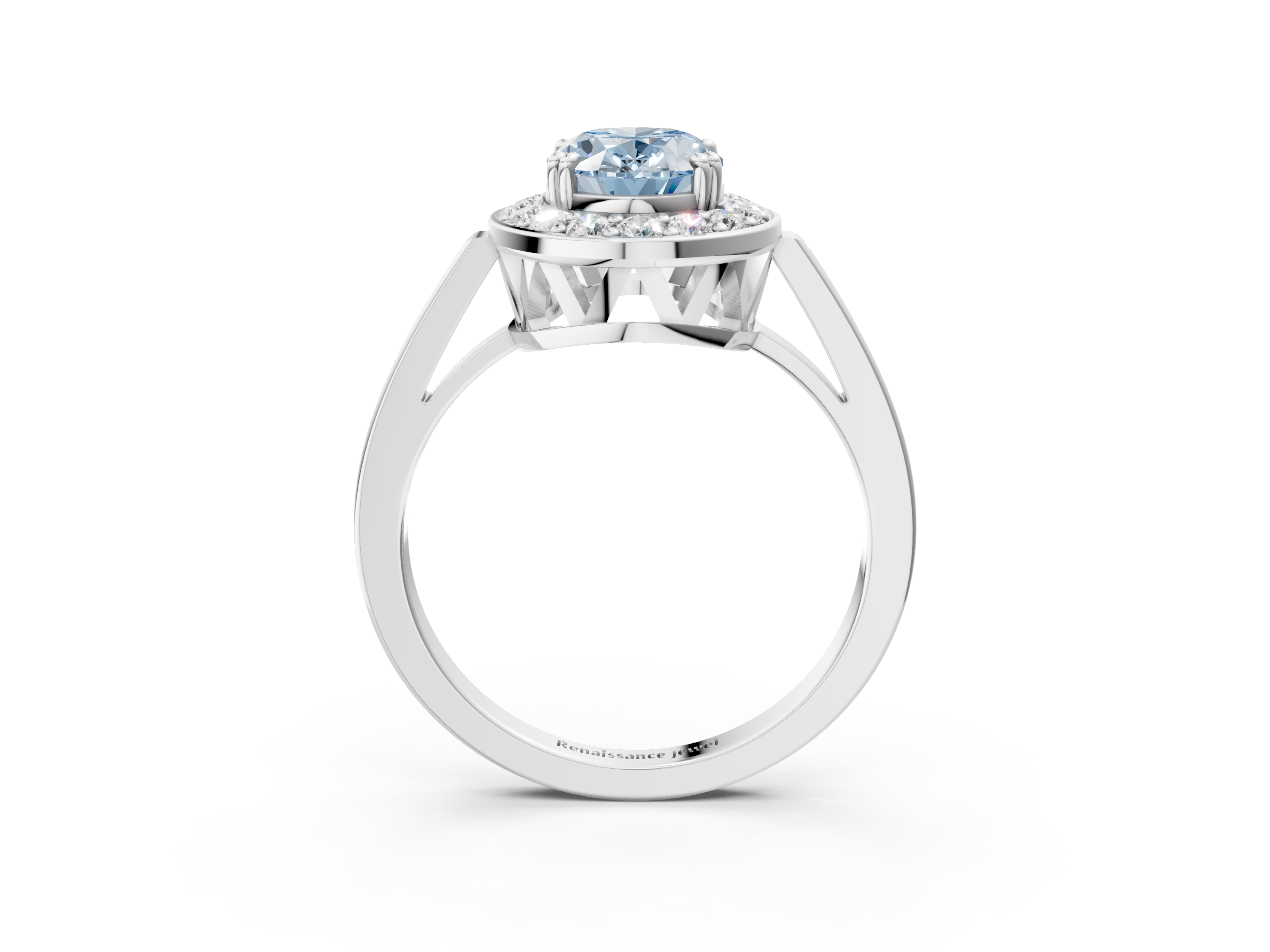 White gold Fancy Blue Oval  Halo Diamond Ring with Split Shank and Four-Prong Setting_78