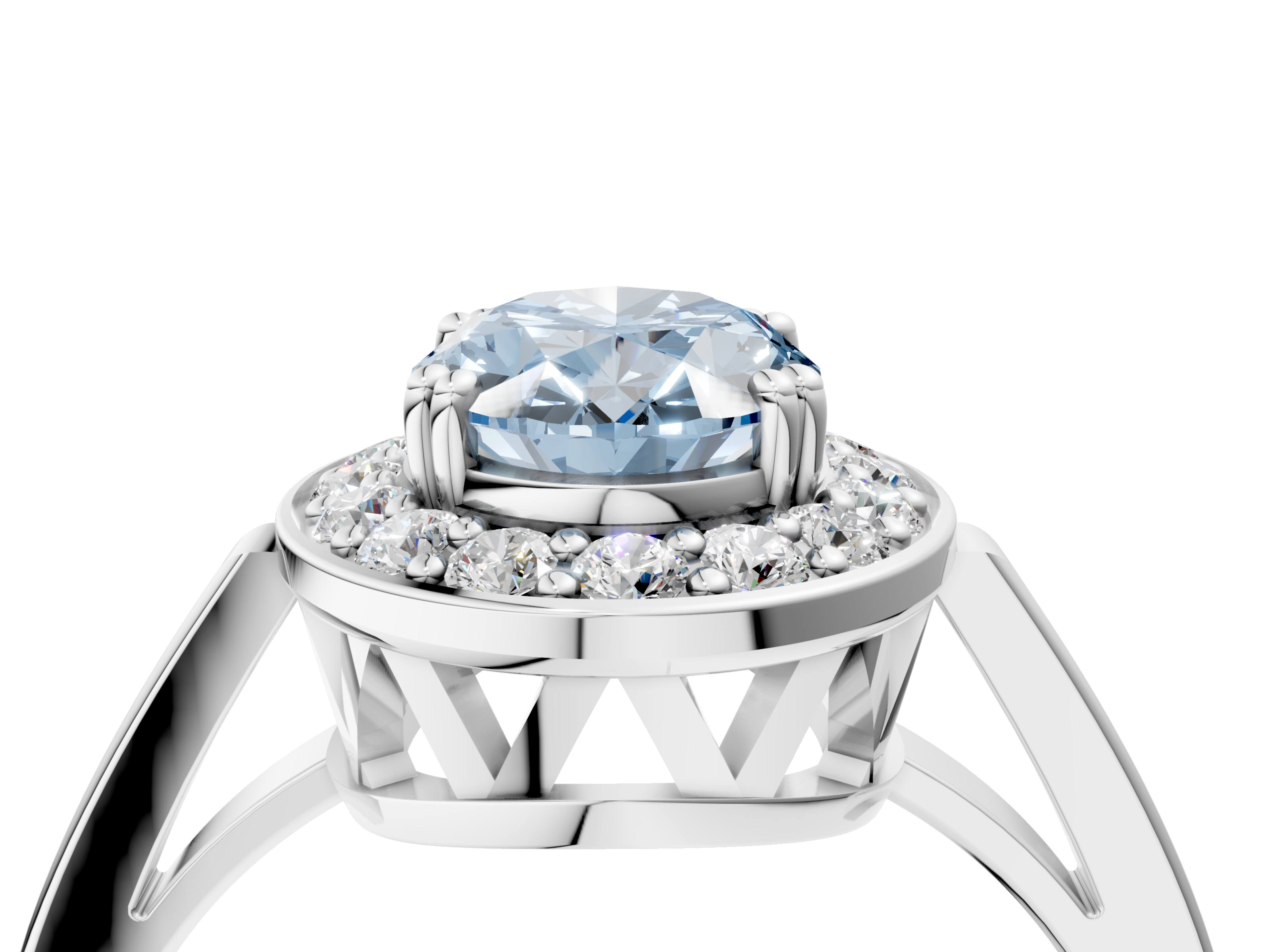 White gold Fancy Blue Oval  Halo Diamond Ring with Split Shank and Four-Prong Setting_79