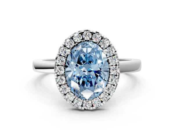 Platinum Fancy Blue Oval  Halo Diamond Solitaire with Pavé Band and Four-Prong Setting