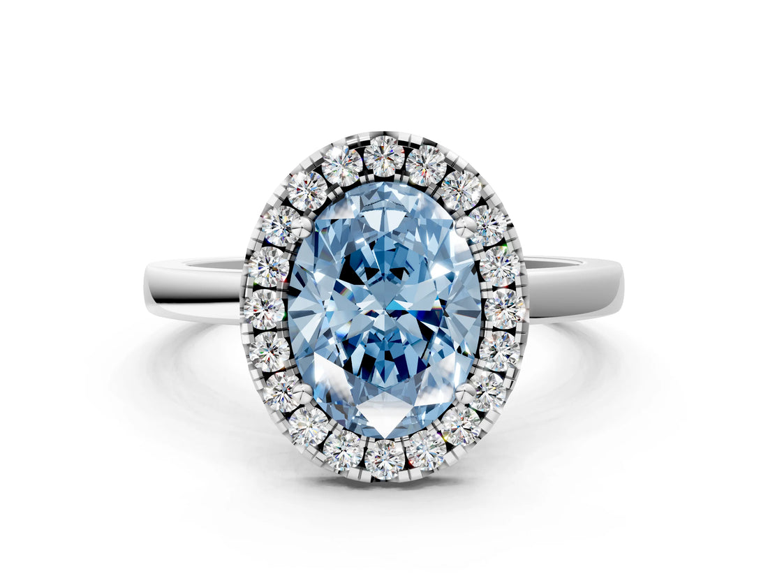 White gold Fancy Blue Oval  Halo Diamond Solitaire with Pavé Band and Four-Prong Setting_104