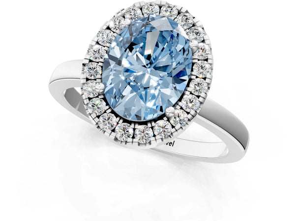 Platinum Fancy Blue Oval  Halo Diamond Solitaire with Pavé Band and Four-Prong Setting