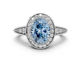 White gold Fancy Blue Oval  Halo Diamond Split Shank Ring with Milgrain Detail_48