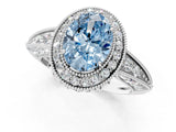 White gold Fancy Blue Oval  Halo Diamond Split Shank Ring with Milgrain Detail_50