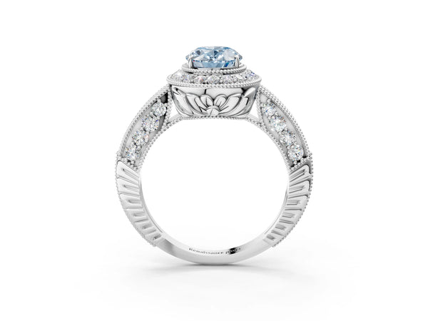 Platinum Fancy Blue Oval  Halo Diamond Split Shank Ring with Milgrain Detail