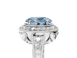 White gold Fancy Blue Oval  Halo Diamond Split Shank Ring with Milgrain Detail_54