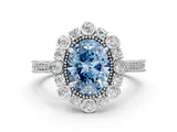 White gold Fancy Blue Oval  Halo Milgrain Pave Diamond Ring with Four-Prong Setting