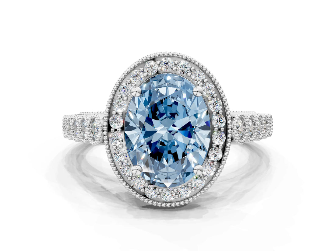 White gold Fancy Blue Oval  Halo Milgrain Solitaire with Bezel Set Side Stones and Pave Band_32