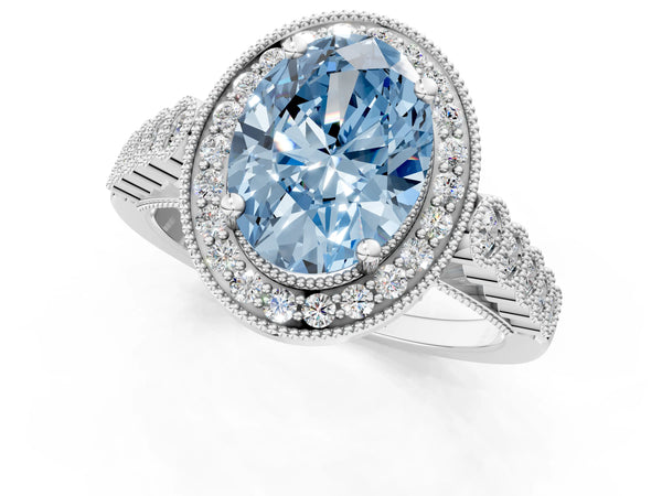 Platinum Fancy Blue Oval  Halo Milgrain Solitaire with Bezel Set Side Stones and Pave Band
