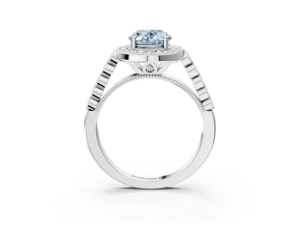 Platinum Fancy Blue Oval  Halo Milgrain Solitaire with Bezel Set Side Stones and Pave Band