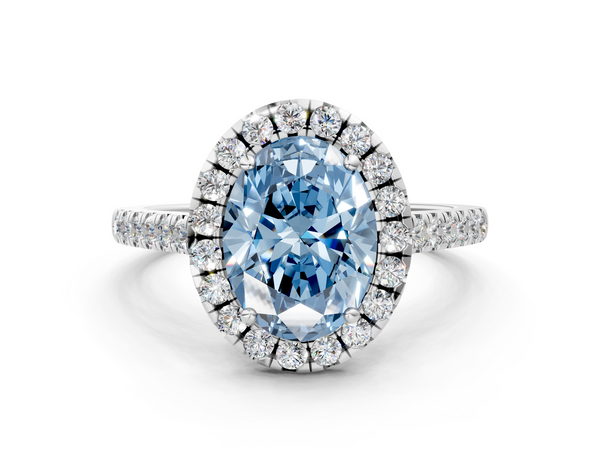 White gold Fancy Blue Oval  Halo Pavé Diamond Engagement Ring with Four-Prong Setting