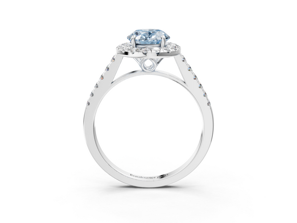 White gold Fancy Blue Oval  Halo Pavé Diamond Engagement Ring with Four-Prong Setting