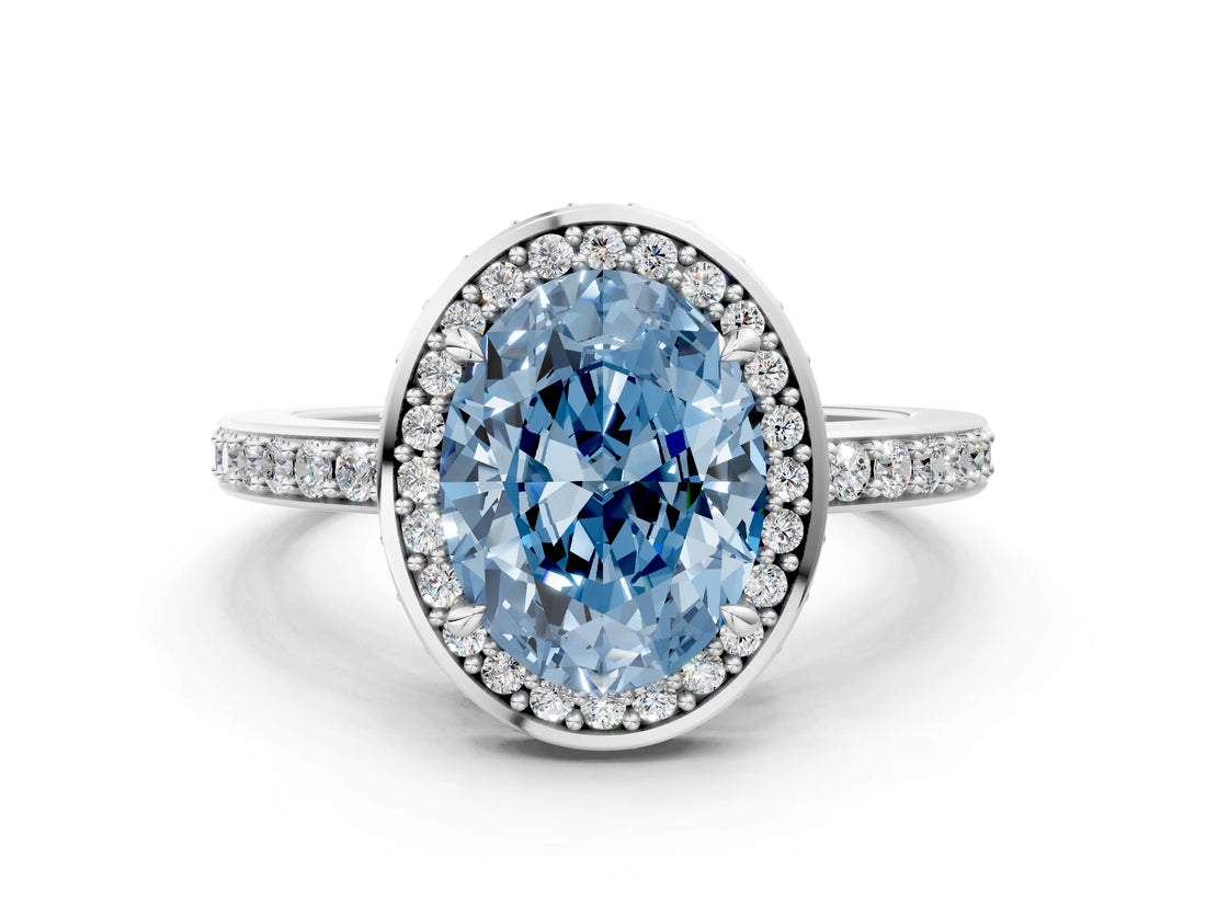 White gold Fancy Blue Oval  Halo Pave Band Solitaire Ring with Prong Setting_65