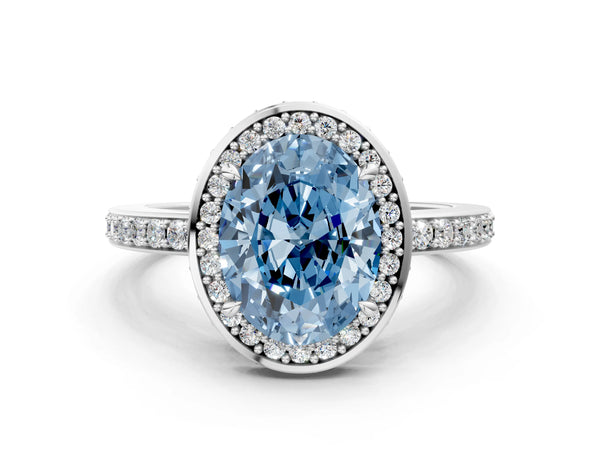 Platinum Fancy Blue Oval  Halo Pave Band Solitaire Ring with Prong Setting