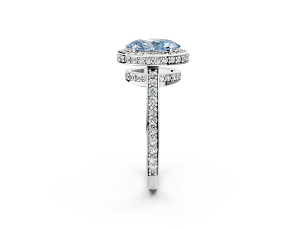 Platinum Fancy Blue Oval  Halo Pave Band Solitaire Ring with Prong Setting