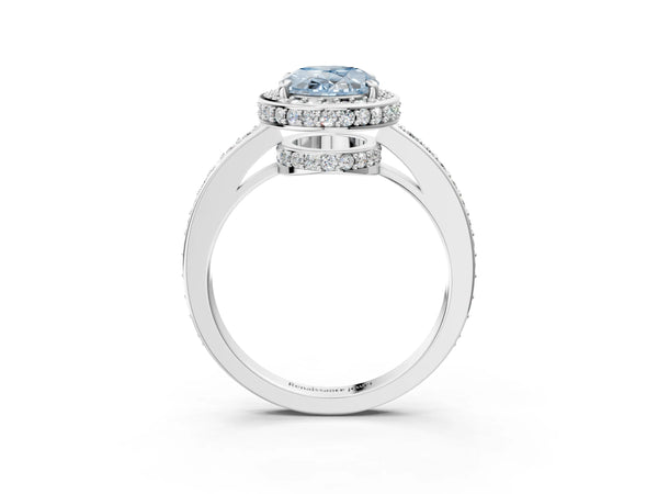 Platinum Fancy Blue Oval  Halo Pave Band Solitaire Ring with Prong Setting
