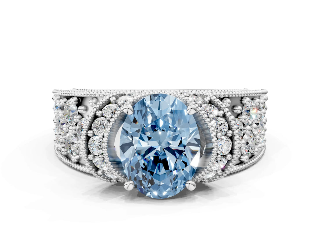 White gold Fancy Blue Oval  Halo Pave Diamond Engagement Ring with Milgrain Detailing_50