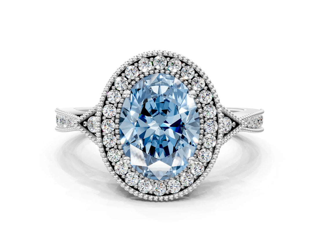 White gold Fancy Blue Oval  Halo Round Diamond Milgrain Pave Engagement Ring_9