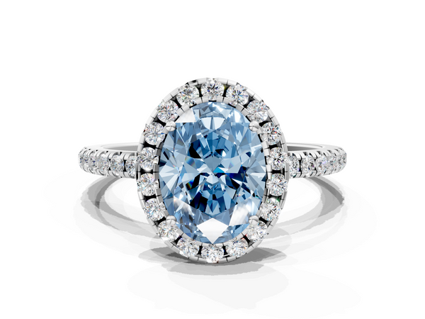 White gold Fancy Blue Oval  Halo Round Diamond Pavé Band Four-Prong Ring