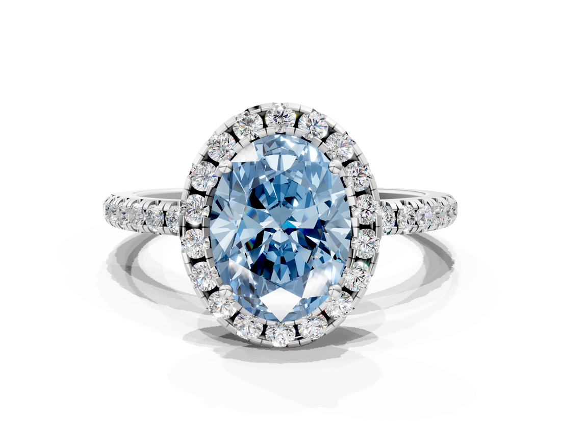 White gold Fancy Blue Oval  Halo Round Diamond Pavé Band Four-Prong Ring_3