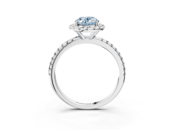 White gold Fancy Blue Oval  Halo Round Diamond Pavé Band Four-Prong Ring