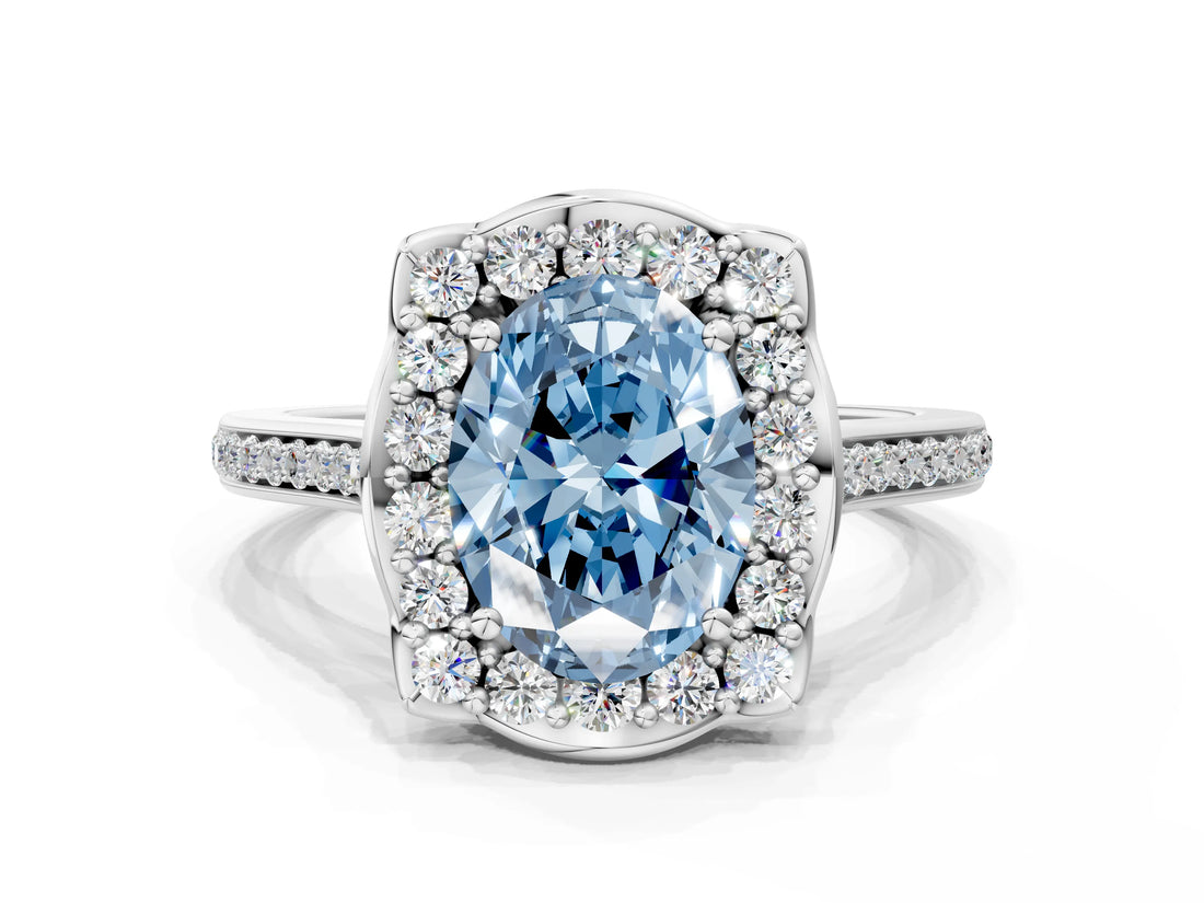 White gold Fancy Blue Oval  Halo Round Diamond Pave Band with Four-Prong Setting_49