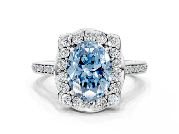 Platinum Oval Petal-Tip Halo Pave Engagement Ring Setting for Fancy Blue Center