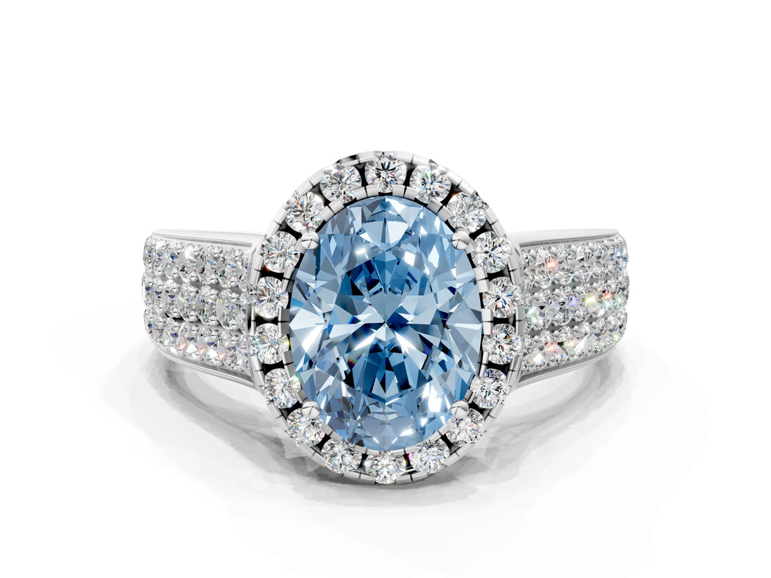 White gold Fancy Blue Oval  Halo Round Diamond Pave Band with Prong Setting