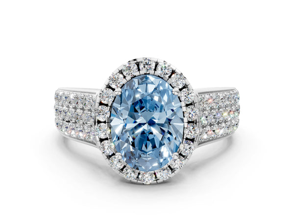 Platinum Fancy Blue Oval  Halo Round Diamond Pave Band with Prong Setting