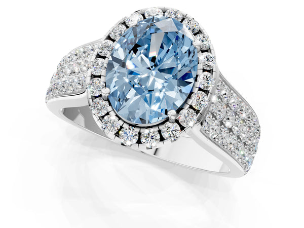 Platinum Fancy Blue Oval  Halo Round Diamond Pave Band with Prong Setting