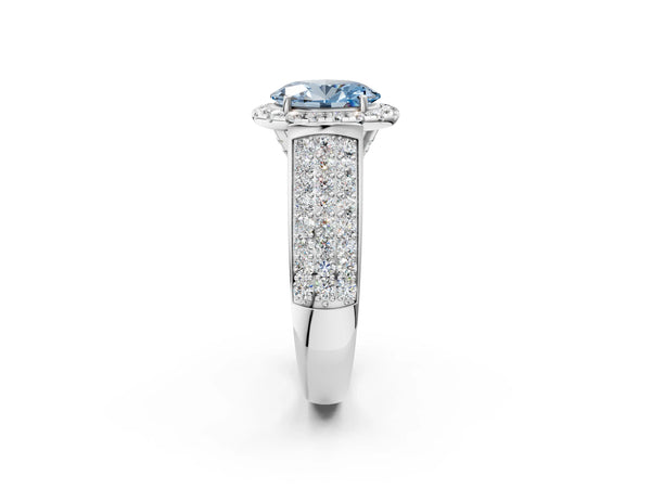 Platinum Fancy Blue Oval  Halo Round Diamond Pave Band with Prong Setting