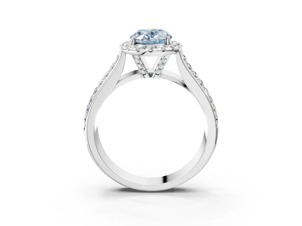 Platinum Fancy Blue Oval  Halo Round Diamond Pave Band with Prong Setting