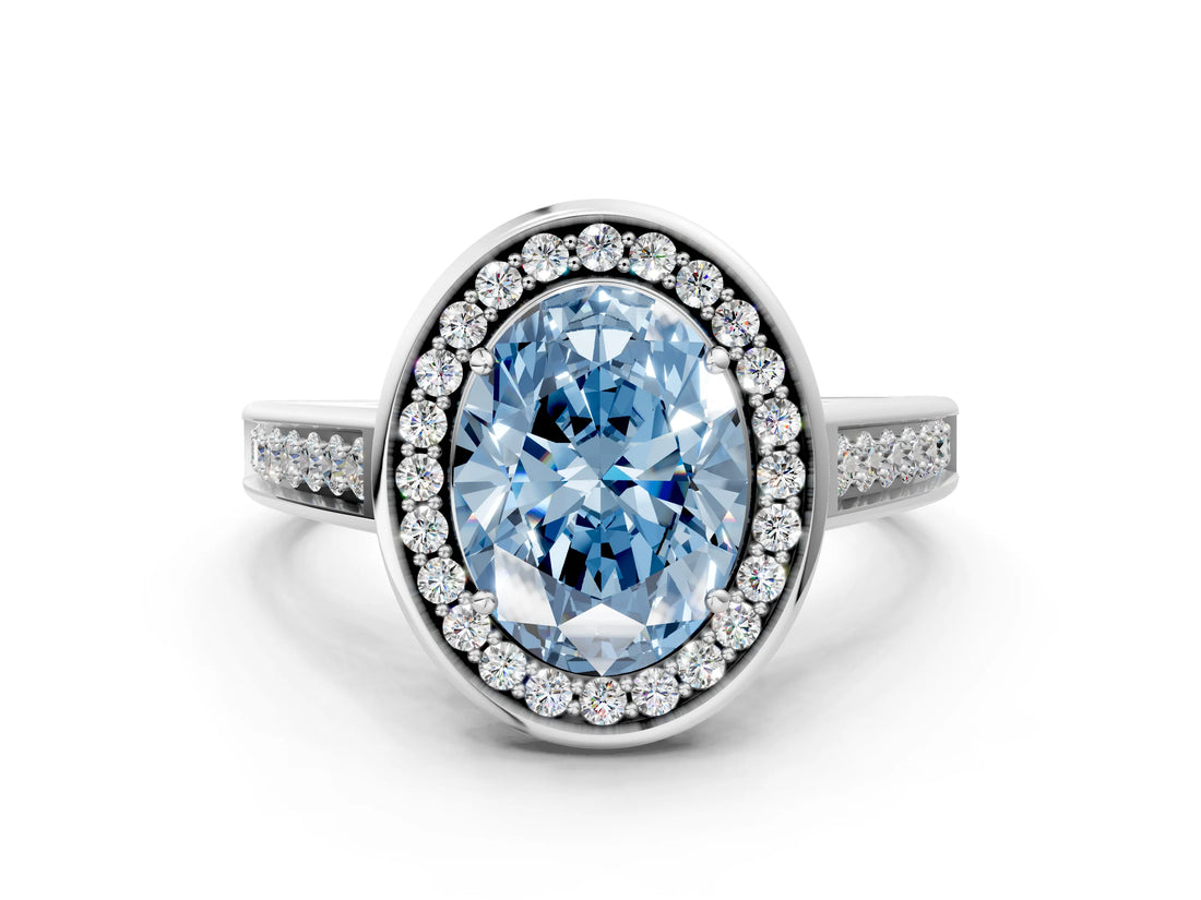 White gold Fancy Blue Oval  Halo Solitaire Diamond Ring with Pave Band and Bezel Setting_49