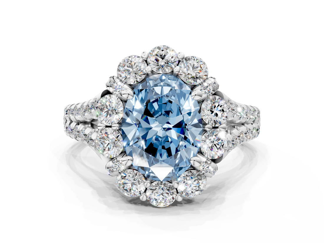 White gold Fancy Blue Oval  Halo Split Shank Diamond Engagement Ring with Pave Band and Four-Prong Setting_54
