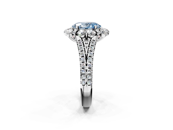 Platinum Fancy Blue Oval  Halo Split Shank Diamond Engagement Ring with Pave Band and Four-Prong Setting