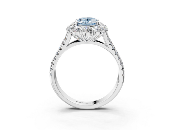 Platinum Fancy Blue Oval  Halo Split Shank Diamond Engagement Ring with Pave Band and Four-Prong Setting