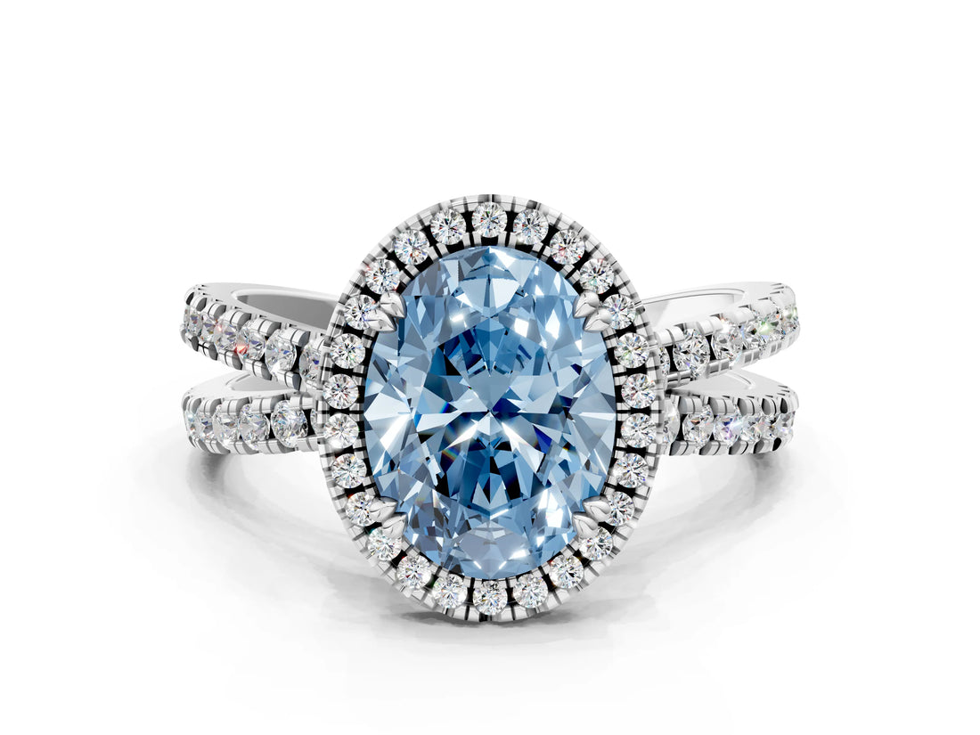 White gold Fancy Blue Oval  Halo Split Shank Diamond Ring with Pavé Setting_25