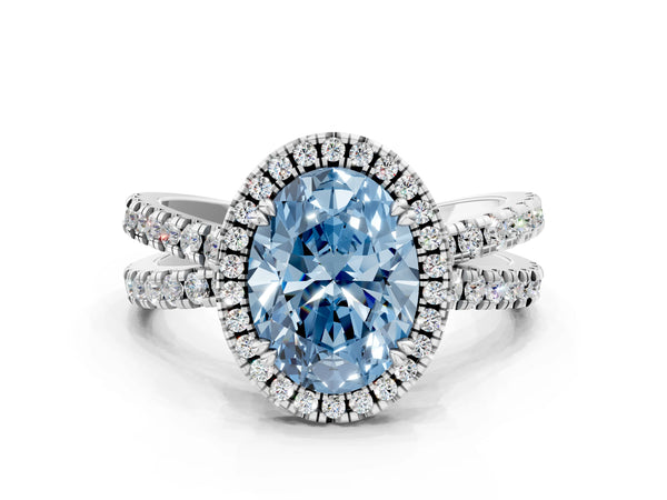 White gold Fancy Blue Oval  Halo Split Shank Diamond Ring with Pavé Setting