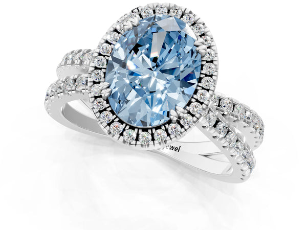 White gold Fancy Blue Oval  Halo Split Shank Diamond Ring with Pavé Setting