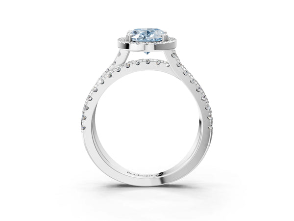 White gold Fancy Blue Oval  Halo Split Shank Diamond Ring with Pavé Setting