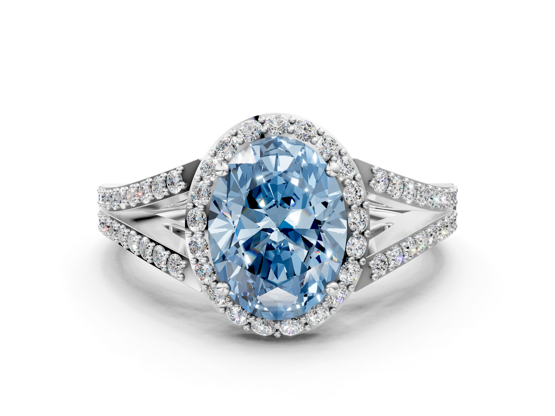 White gold Fancy Blue Oval  Halo Split Shank Diamond Ring with Prong Setting_20