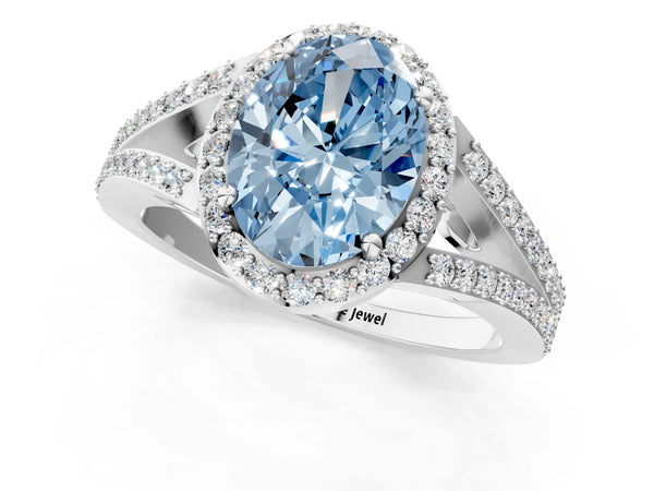 Platinum Fancy Blue Oval  Halo Split Shank Pave Diamond Ring with Four-Prong Setting