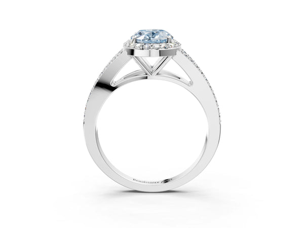 Platinum Fancy Blue Oval  Halo Split Shank Pave Diamond Ring with Four-Prong Setting