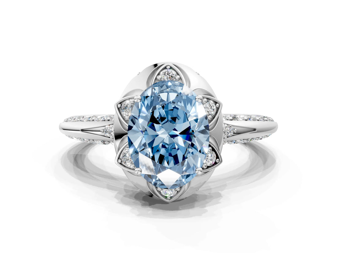White gold Fancy Blue Oval  Halo Split Shank Pave Diamond Ring with Petal Prong Setting_32