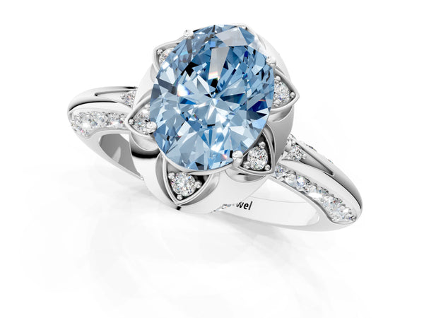 White gold Fancy Blue Oval  Halo Split Shank Pave Diamond Ring with Petal Prong Setting