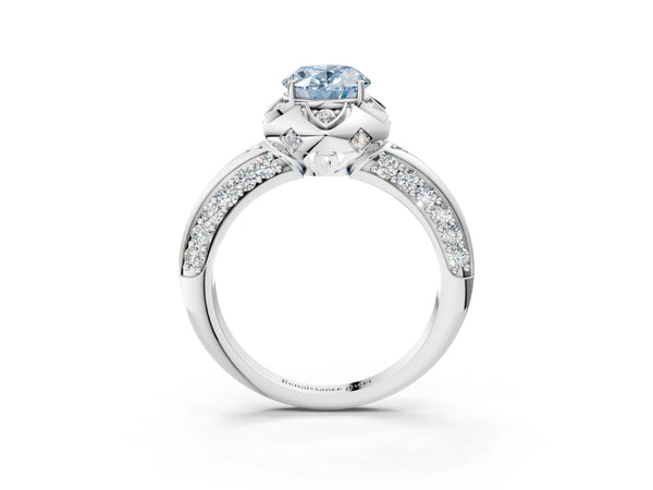 White gold Fancy Blue Oval  Halo Split Shank Pave Diamond Ring with Petal Prong Setting