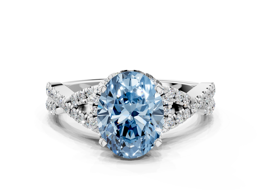 White gold Fancy Blue Oval  Halo Twist Band Solitaire Prong Setting Ring_59