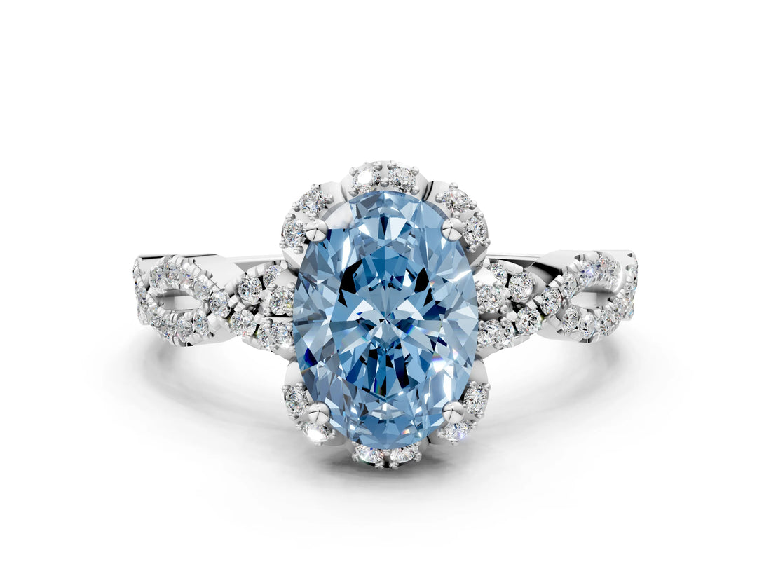 White gold Fancy Blue Oval  Halo Twist Band Solitaire Ring with Six-Prong Setting_32
