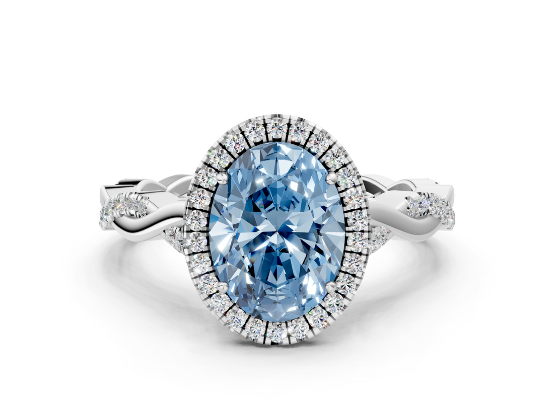 White gold Fancy Blue Oval  Halo Twist Band Solitaire Ring_20