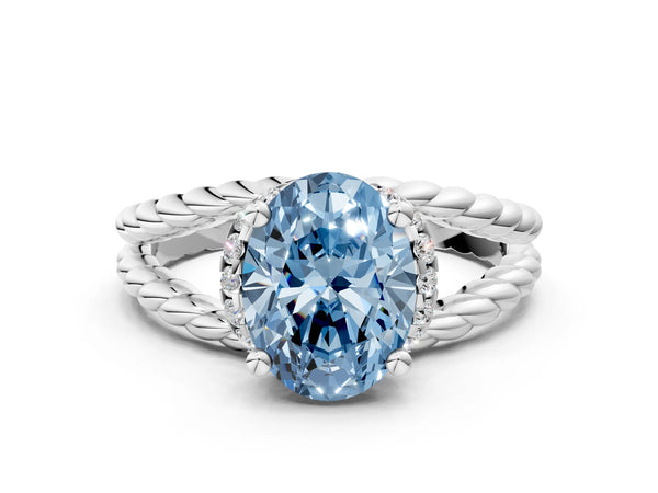 White gold Fancy Blue Oval  Halo Twisted Band Four-Prong Ring