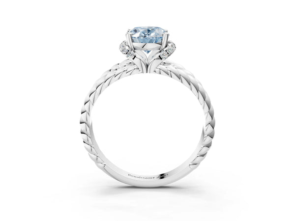 White gold Fancy Blue Oval  Halo Twisted Band Four-Prong Ring